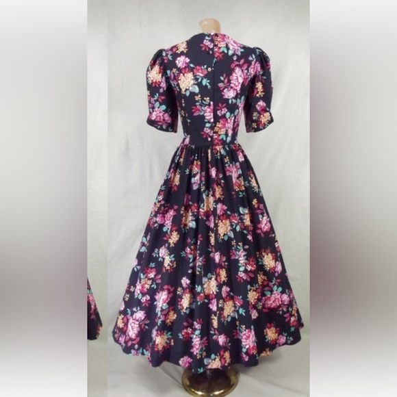 Laura Ashley prairie Floral black Dress with Pink and green Accents puff sleeve - Picture 7 of 13